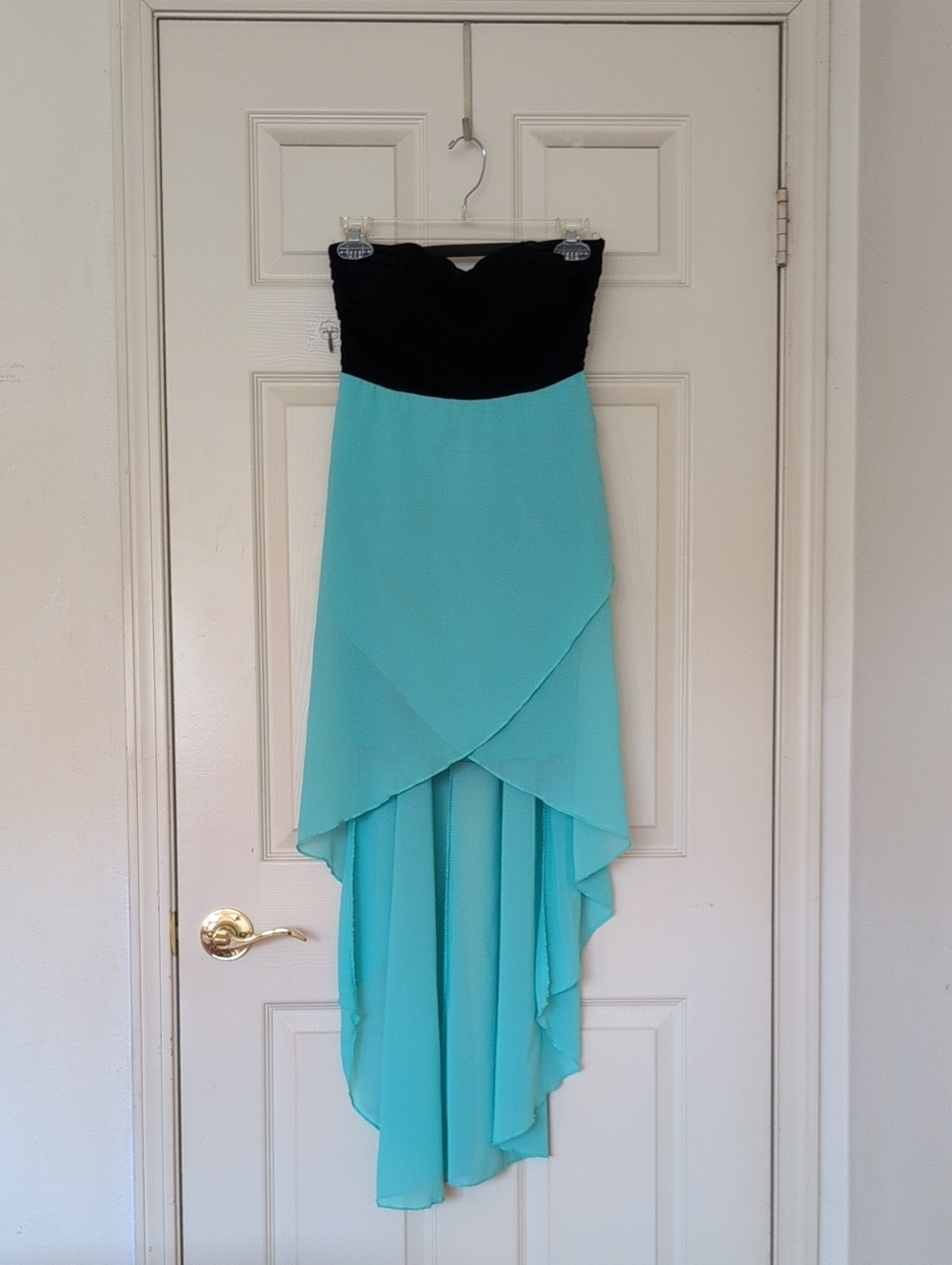 Strapless Black & Sea Form Green Hi-Low Evening Dress W/Left Side Zip & Lining.